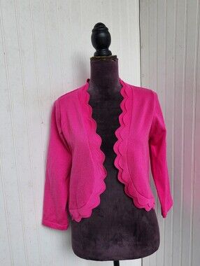 Nina Leonard Scalloped Edge  Bolero Sweater Hot Pink Rayon 3/4 Sleeve Sz L